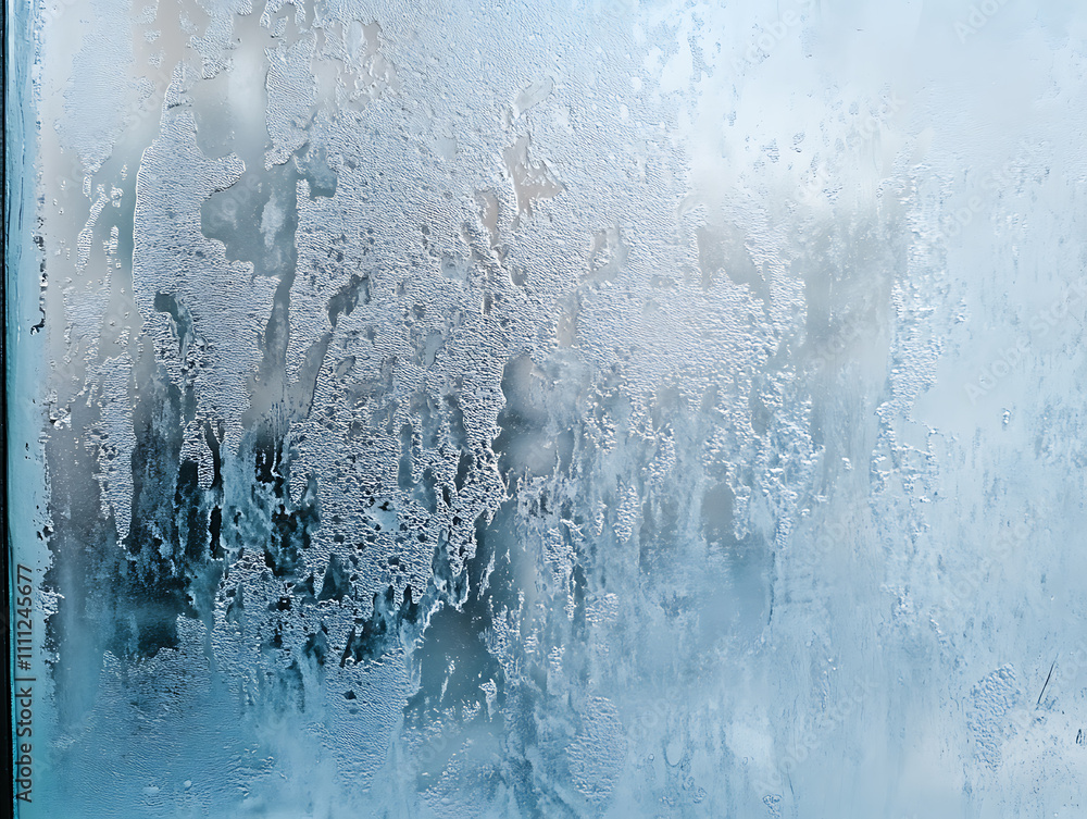 Poster Close-up of double-glazed window condensation caused by excessive moisture in the house in winter occurs when the seal between panes is broken or desiccant inside the window