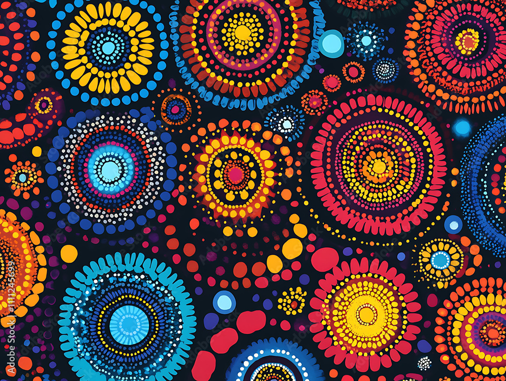 Aufkleber aboriginal vibrant dotwork abstract background with circles