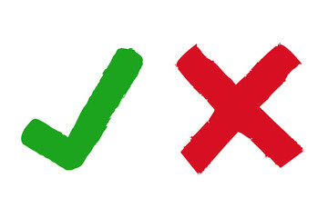 Grunge сheck mark and cross vector icon. Green Check mark and Red cross x icon.   