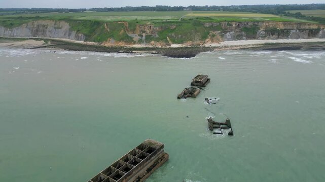 Aerial view of Mulberry harbour B at Arromanches-les-Bains, France