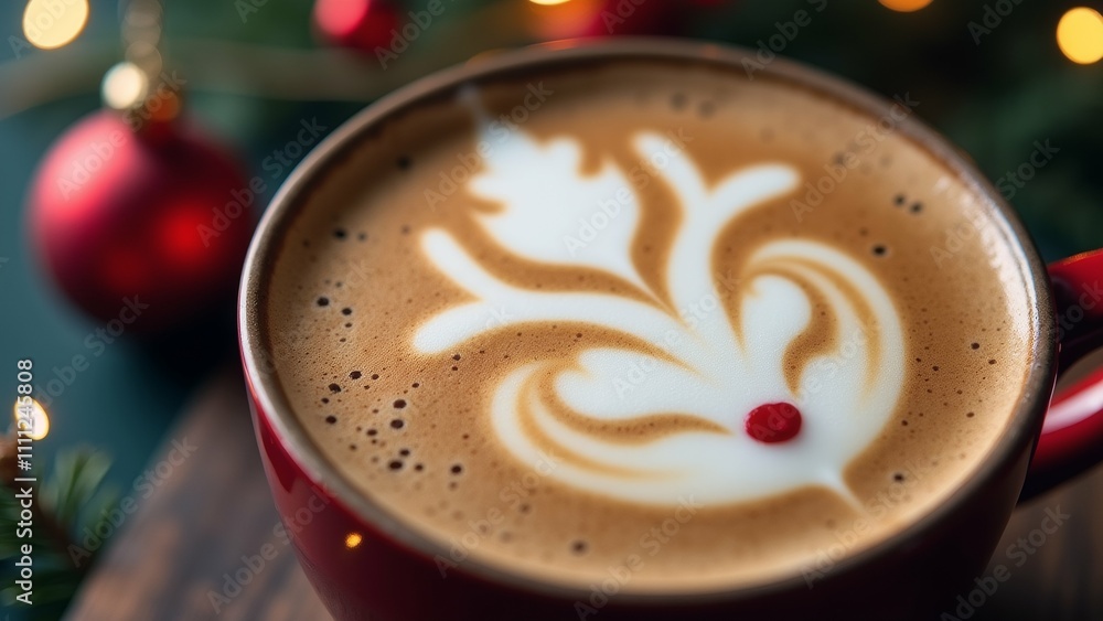 Poster the image is a close-up of a cup of coffee with a festive design on it. the cup is red and is placed