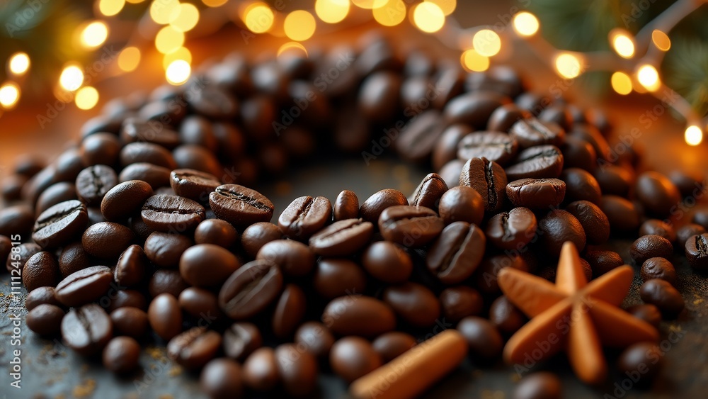 Poster the image is a close-up of a pile of coffee beans arranged in a circular pattern on a dark surface. 