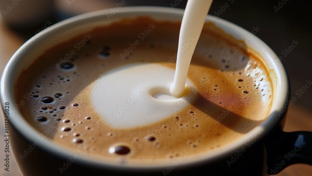 Poster the image shows a close-up of a cup of coffee. the cup is black and has a handle on the side. the co