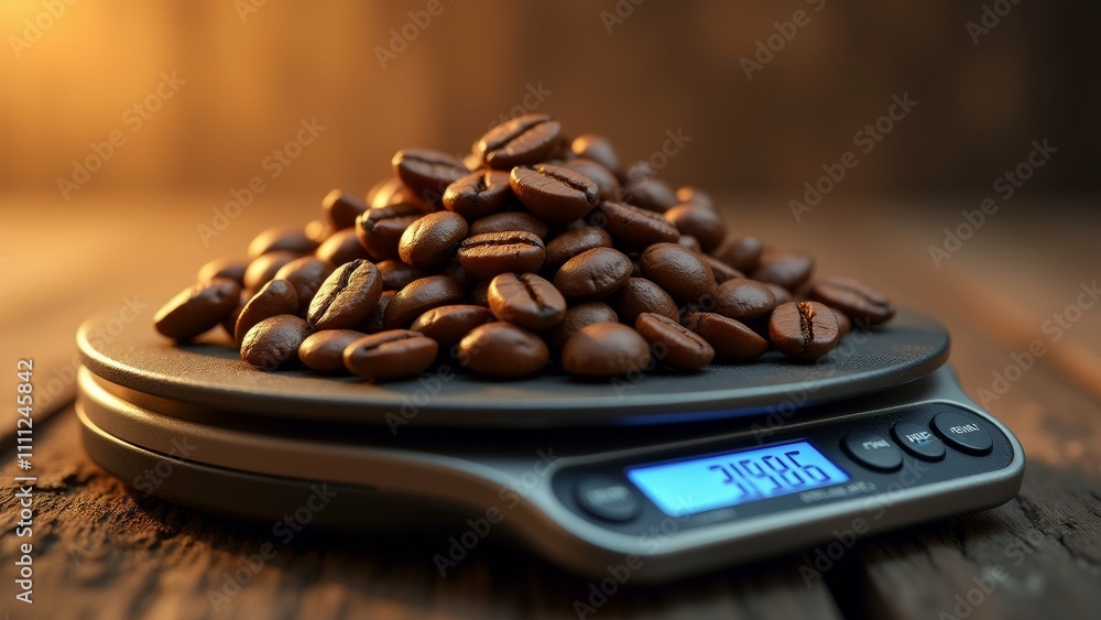 Poster the image shows a digital weighing scale with a pile of coffee beans on top of it. the scale is plac