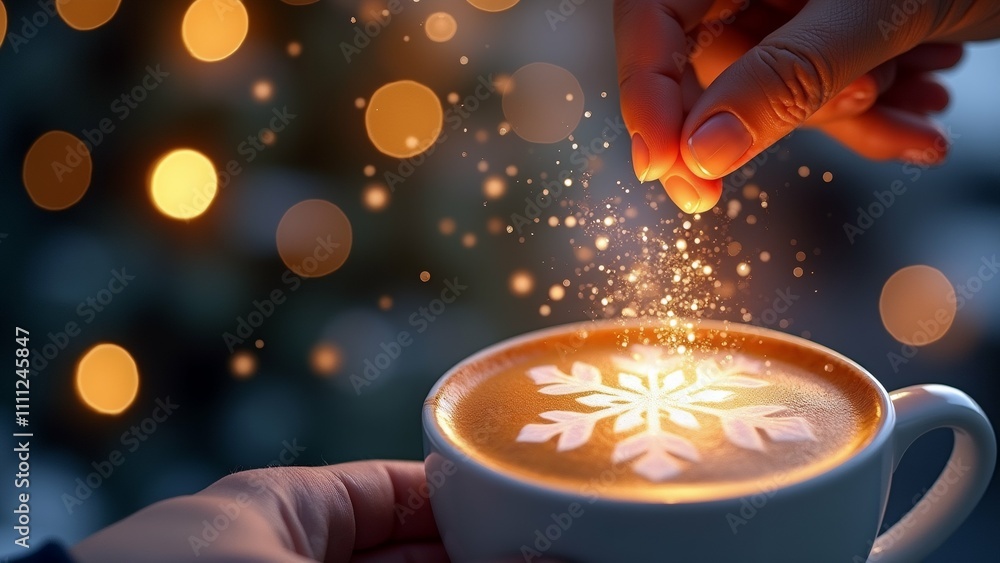 Poster the image shows a hand holding a white coffee cup with a snowflake design on it. the cup is placed o