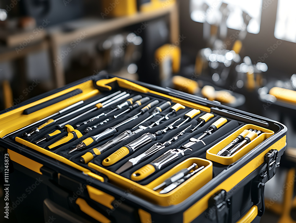Poster close , up view of a toolbox at a mechanic's shop, focusing on the tools inside