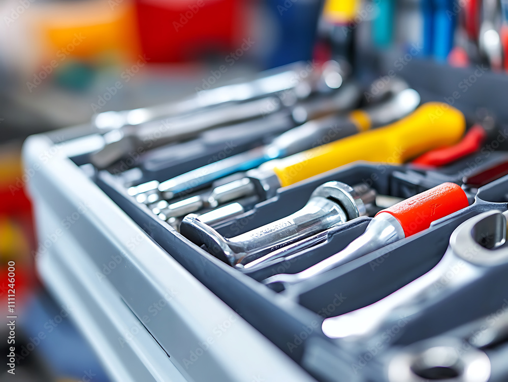 Poster Close , up view of a toolbox at a mechanic's shop, focusing on the tools inside