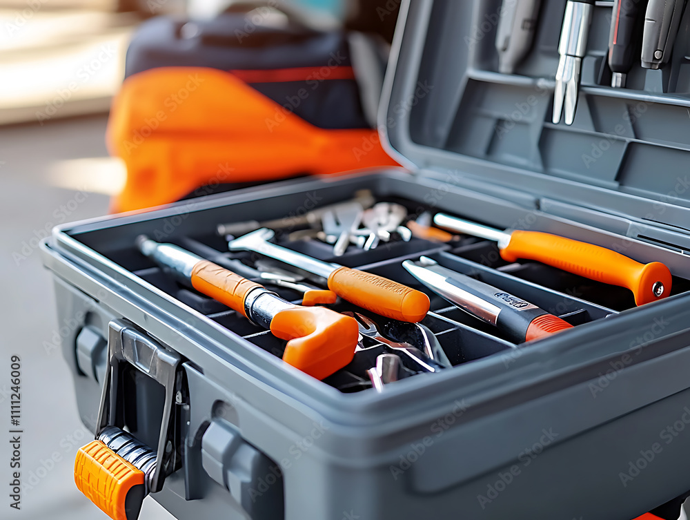 Poster close , up view of a toolbox at a mechanic's shop, focusing on the tools inside