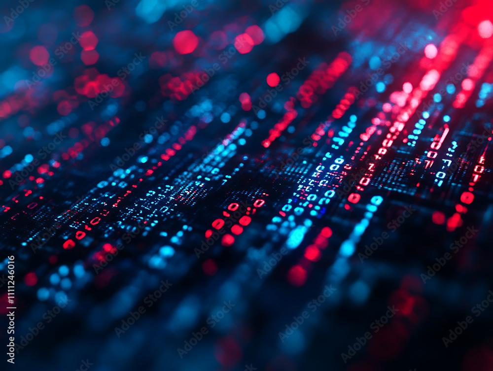 Poster Abstract binary code 1 and 0 in blue red colors data processing digital information storage tech background