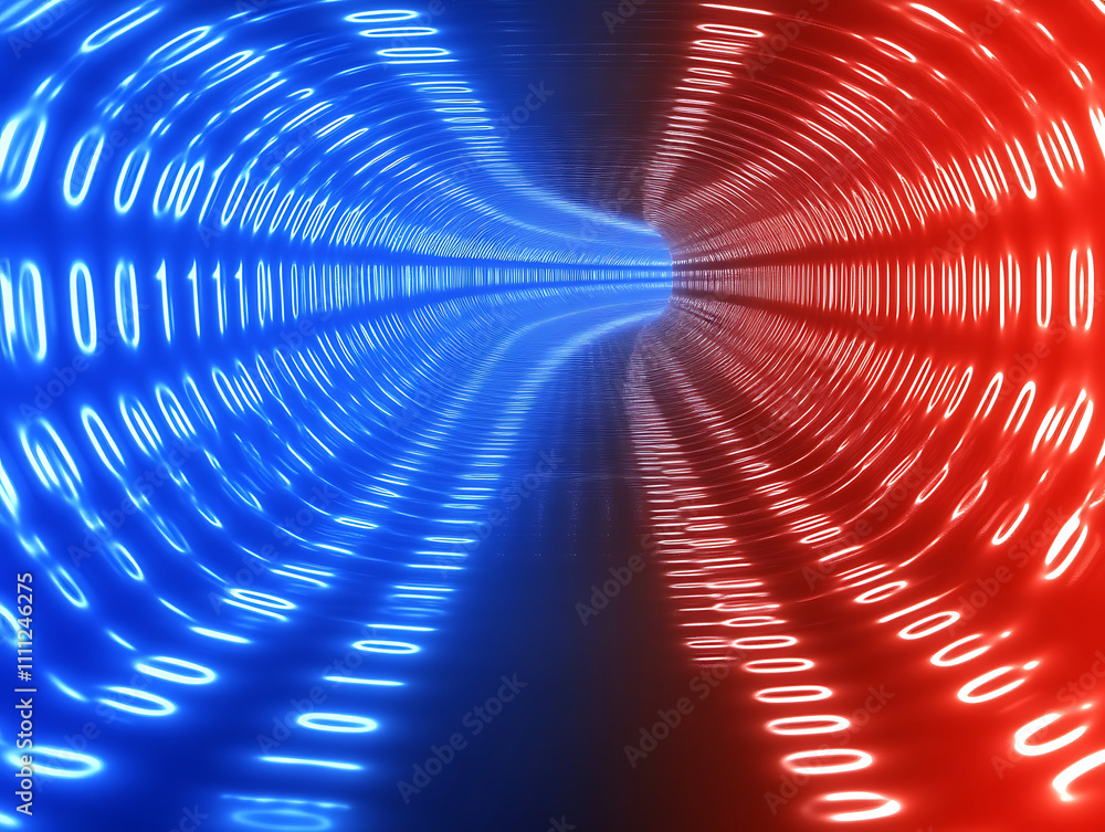 Poster Abstract binary code 1 and 0 in blue red colors data processing digital information storage tech background