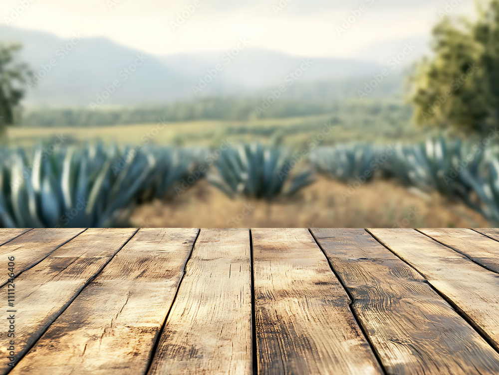 Poster A close up of a rustic empty wooden table with blurred farm background