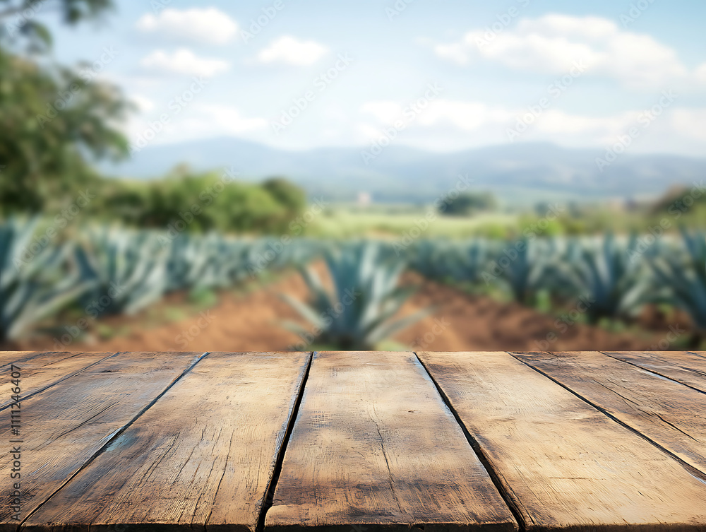 Poster A close up of a rustic empty wooden table with blurred farm background
