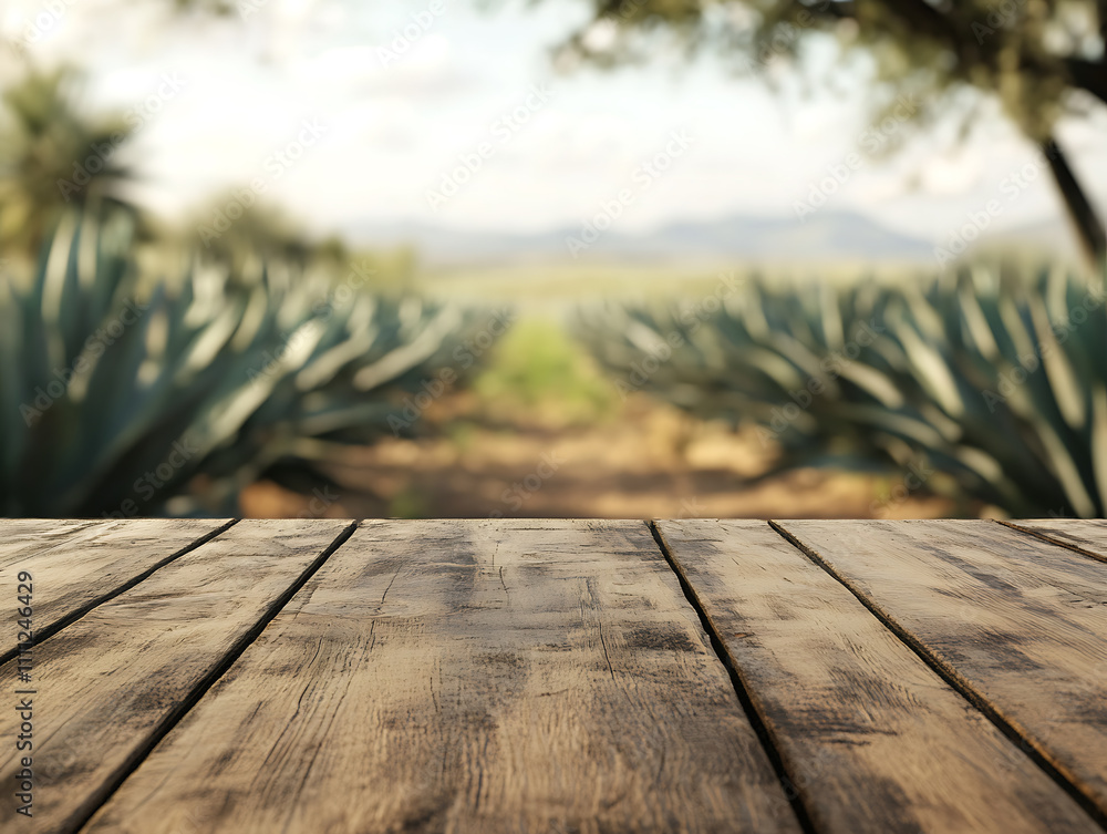 Aufkleber A close up of a rustic empty wooden table with blurred farm background