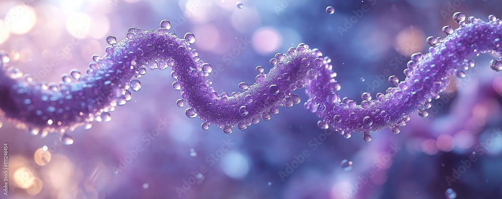 Poster Artistic rendering shows peptide chain forming unique structure. Features complex spiral shape with many small bubbles globules. Colour scheme purplish-violet. Image ideal for scientific publications