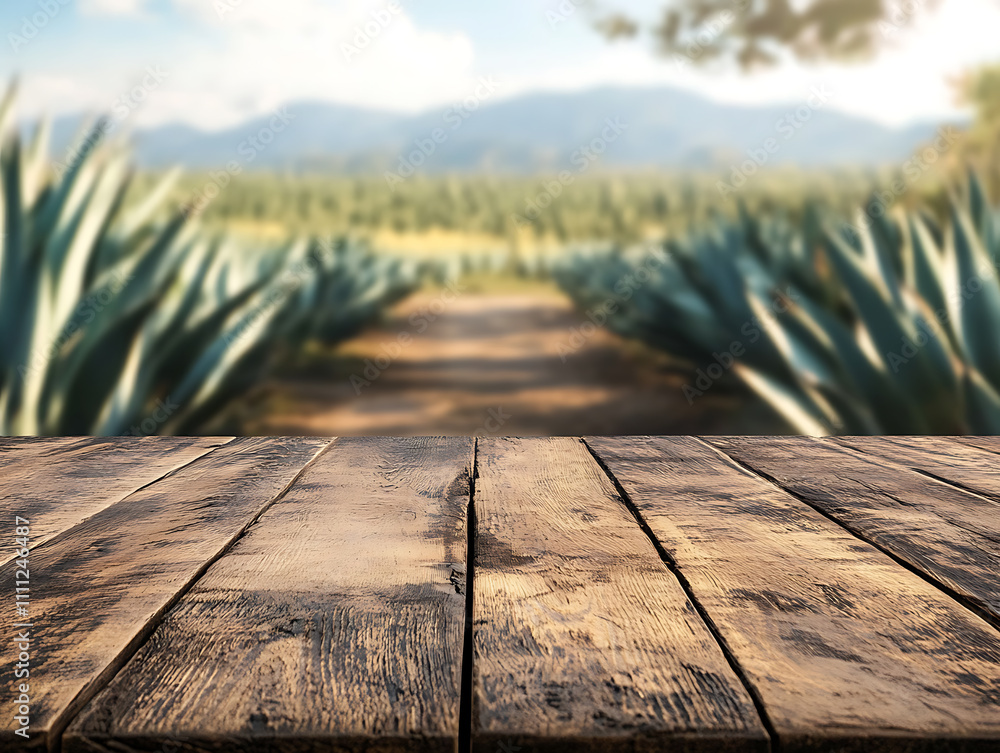 Poster A close up of a rustic empty wooden table with blurred farm background