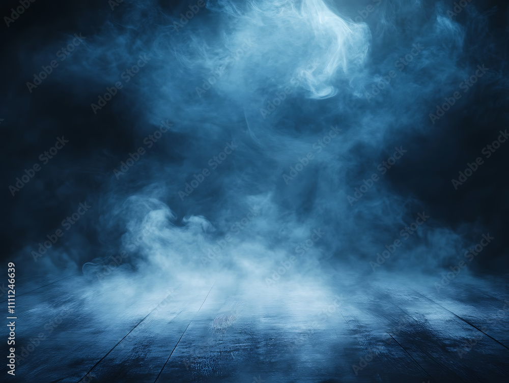 Poster Abstract dark blue room background with smoke and floor