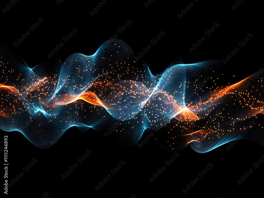 Aufkleber Abstract digital network waves and glowing blue and orange particle data on dark background