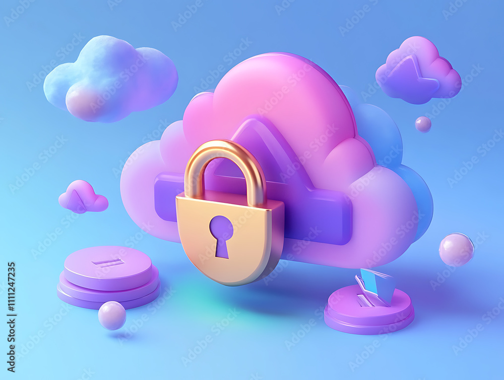 Poster Abstract illustration of cloud security services, stylized cloud icon integrated with a secure padlock symbol, representing data protection and cybersecurity in cloud computing environments