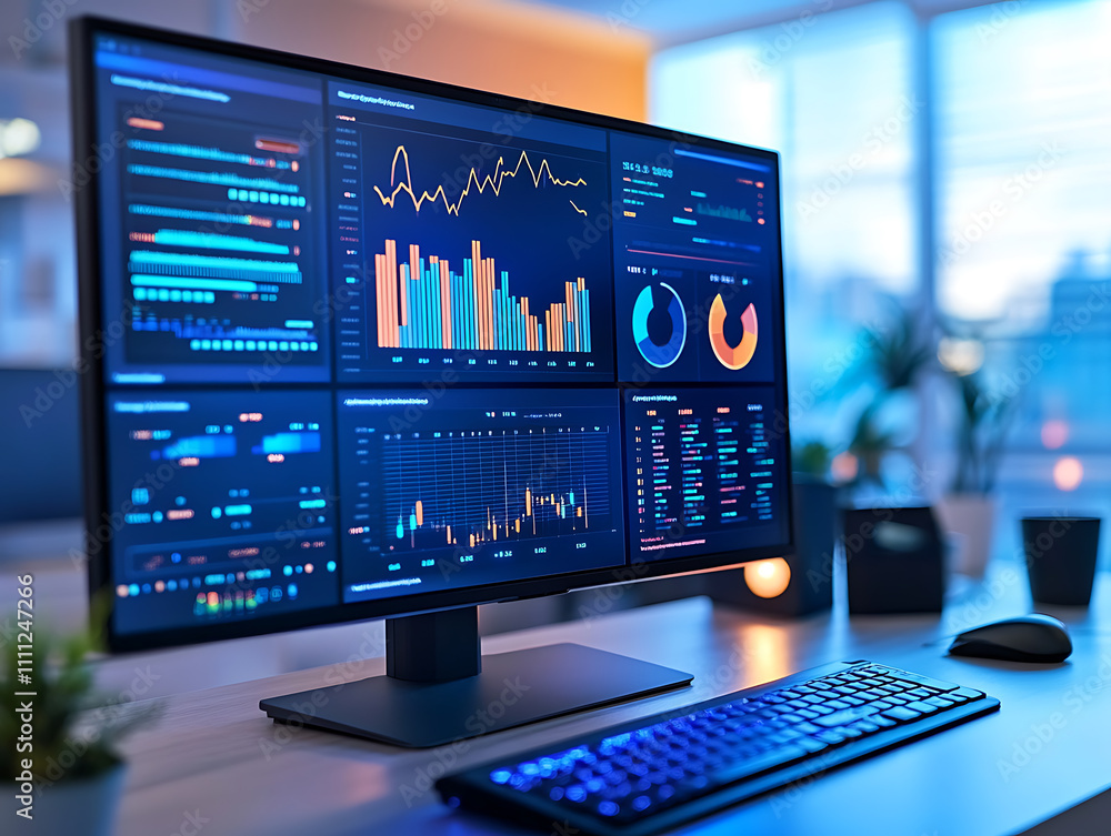 Poster Computer monitor displaying an abstract network monitoring dashboard with real-time data analytics, graphs, and system health indicators