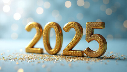 Golden number 2025 for new years eve surrounded by colorful sprinkles on blue background