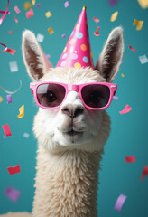 Funny llama wearing party hat and sunglasses surrounded by colorful confetti, celebrating with playful and humorous expressions on a vibrant blue background