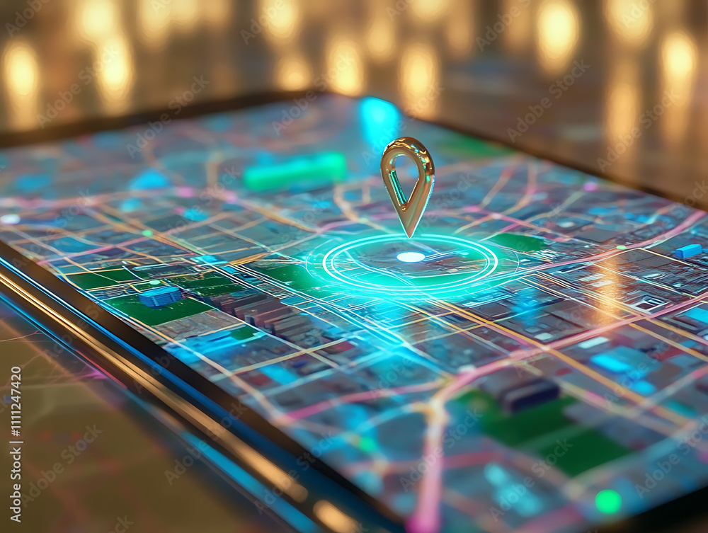 Poster Concept of geofencing, featuring a digital map with virtual boundaries, a location pin, and a mobile device showcasing a geofencing app