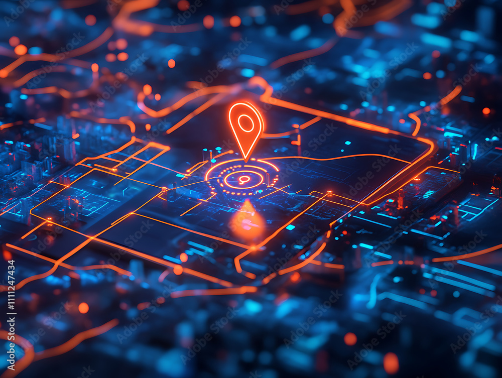 Fototapete Concept of geofencing, featuring a digital map with virtual boundaries, a location pin, and a mobile device showcasing a geofencing app
