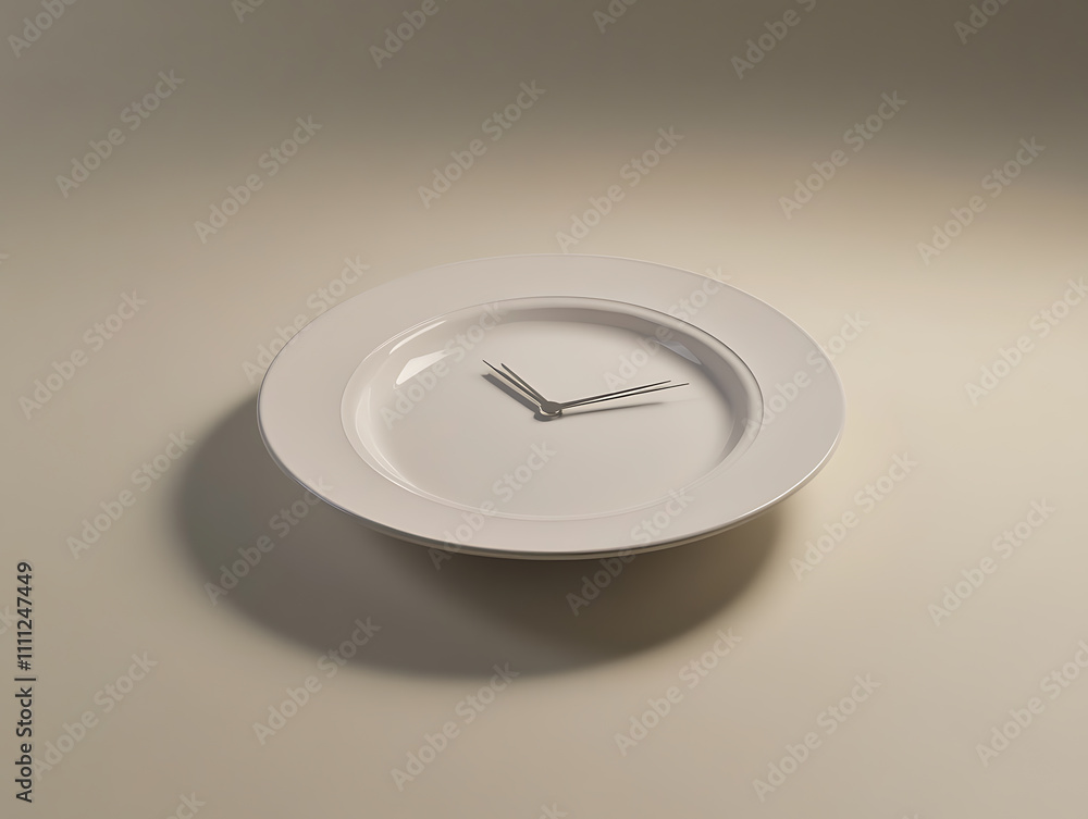 Poster concept of intermittent fasting, showing an empty plate and a clock, the practice of eating within s