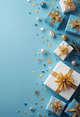 Christmas holiday composition. Christmas tree fir branches, colorful balls on border on blue background with copy space for your text. Banner mockup, postcard. Flat lay, top view, overhead.