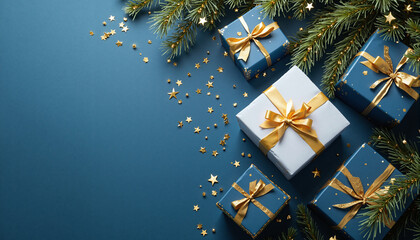Christmas holiday composition. Christmas tree fir branches, colorful balls on border on blue background with copy space for your text. Banner mockup, postcard. Flat lay, top view, overhead.
