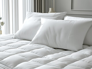 Concept of sleep hygiene, cosy bed with soft pillows and comfortable sheets, set in a peaceful bedroom environment, quiet atmosphere, healthy bedtime routine and restful night sleep