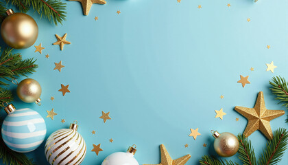 Christmas holiday composition. Christmas tree fir branches, colorful balls on border on blue background with copy space for your text. Banner mockup, postcard. Flat lay, top view, overhead.