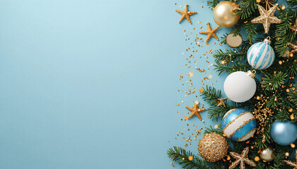 Christmas holiday composition. Christmas tree fir branches, colorful balls on border on blue background with copy space for your text. Banner mockup, postcard. Flat lay, top view, overhead.