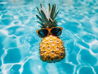 Cool tropical summer pineapple wearing sunglasses floating in a swimming pool