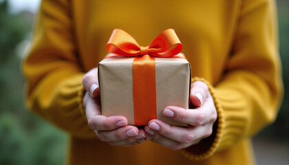 A close-up of a woman's hands holding a small gift box with an orange ribbon.  perfect for promoting gifts or celebrating special occasions in marketing campaigns and holiday-themed visuals.