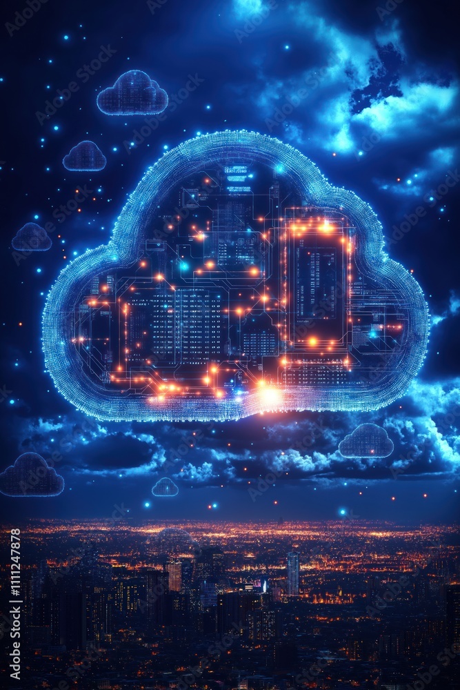 Poster Futuristic cloud computing concept shown at night with glowing data connections over city skyline. Networked tech infrastructure connects digital cloud above city lights. Glowing tech network above