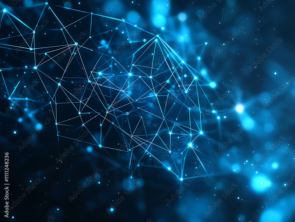 Poster cyber security concept, lock symbol from lines and triangles, point connecting network on blue backg