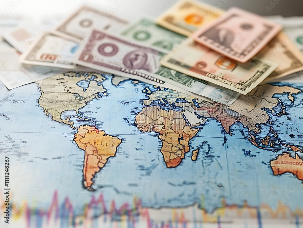 Aufkleber currency exchange and money transfer concept with world map and banknotes of different currencies wi