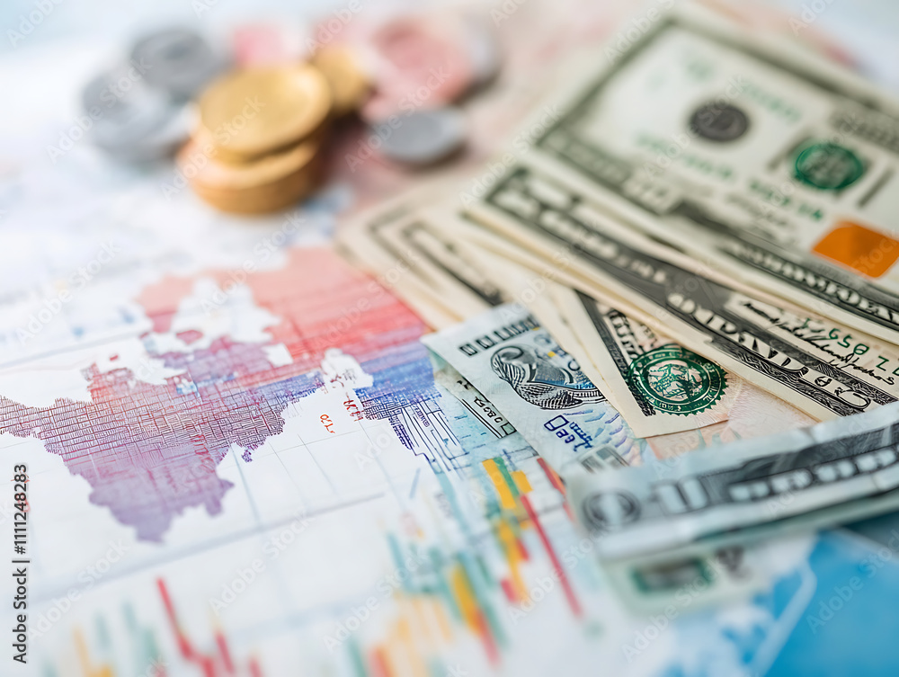 Poster Currency exchange and money transfer concept with world map and banknotes of different currencies with graph background