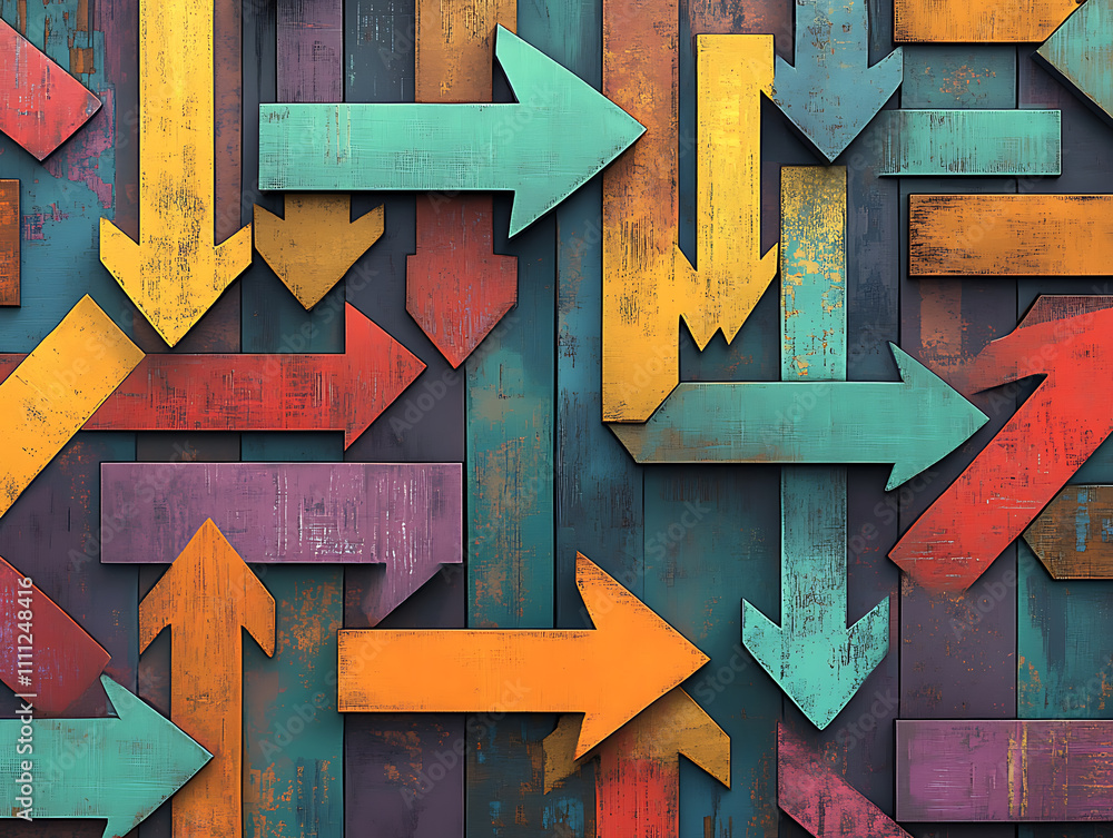 Poster An artistic digital rendering featuring a collection of arrows pointing in various directions, symbolizing the complexity and multitude of choices involved in the decision-making process