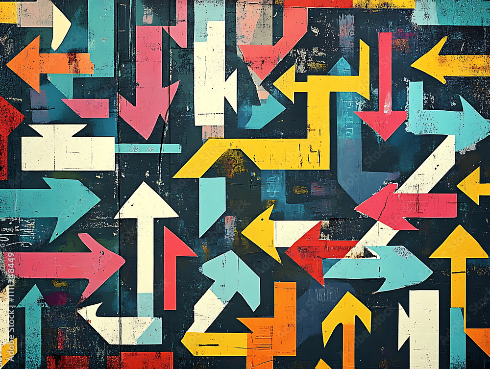 Poster An artistic digital rendering featuring a collection of arrows pointing in various directions, symbolizing the complexity and multitude of choices involved in the decision-making process