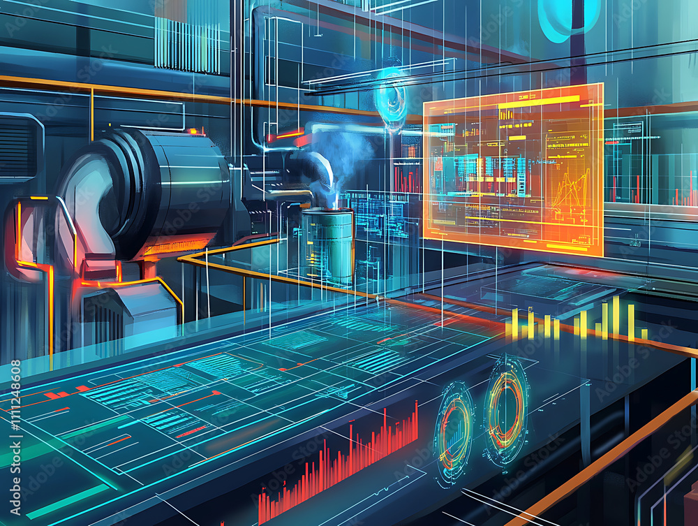 Fototapete An illustration of business process automation concept, showcasing graphs for distribution analysis and consumption monitoring in a high-tech digital environment