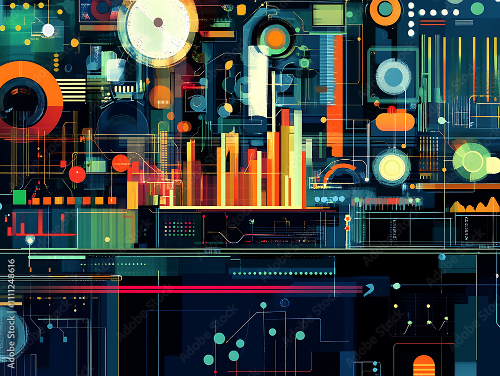 Poster An illustration of business process automation concept, showcasing graphs for distribution analysis and consumption monitoring in a high-tech digital environment