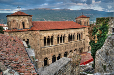 The historic church of Saint Sophia in the old town of Ohrid. Built on the foundations of a 5th century Roman church, rulers have continually destroyed and rebuilt the structure.