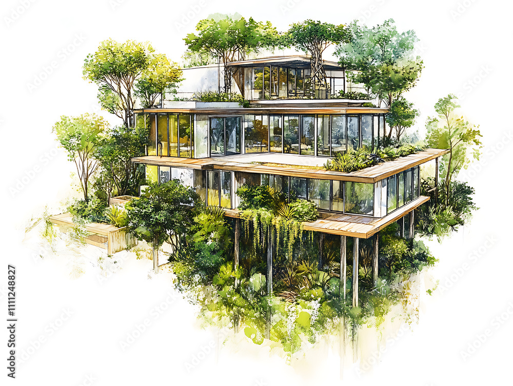 Poster an intricate drawing depicts a sustainable project, showcasing eco-friendly design principles and in