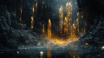 A mesmerizing cave scene with glowworms casting golden and blue lights on the rocky walls, creating an ethereal, starry atmosphere.