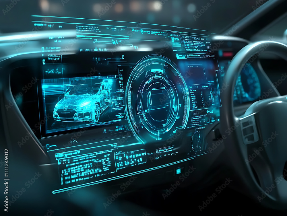 Poster diagnostic auto in hud style, scan automobile in 3d visualisation hologram, 3d illustration