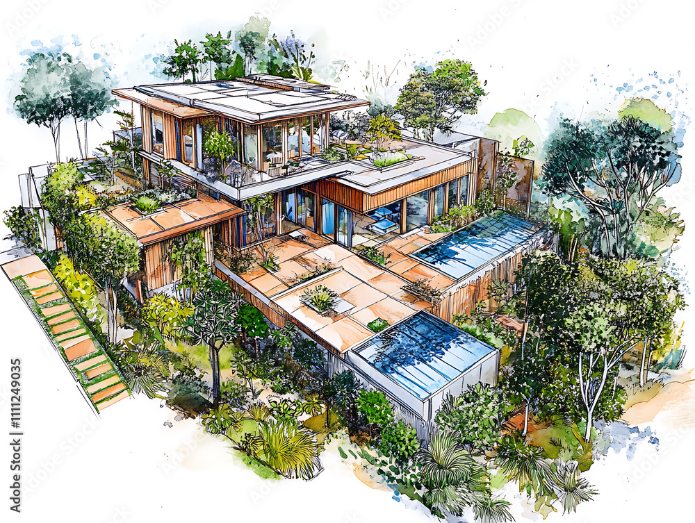 Poster an intricate drawing depicts a sustainable project, showcasing eco-friendly design principles and in