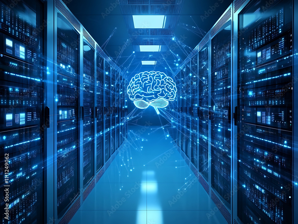 Poster digital brain connected to data center, artificial intelligence concept