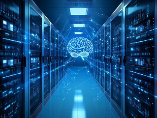 Digital brain connected to data center, artificial intelligence concept